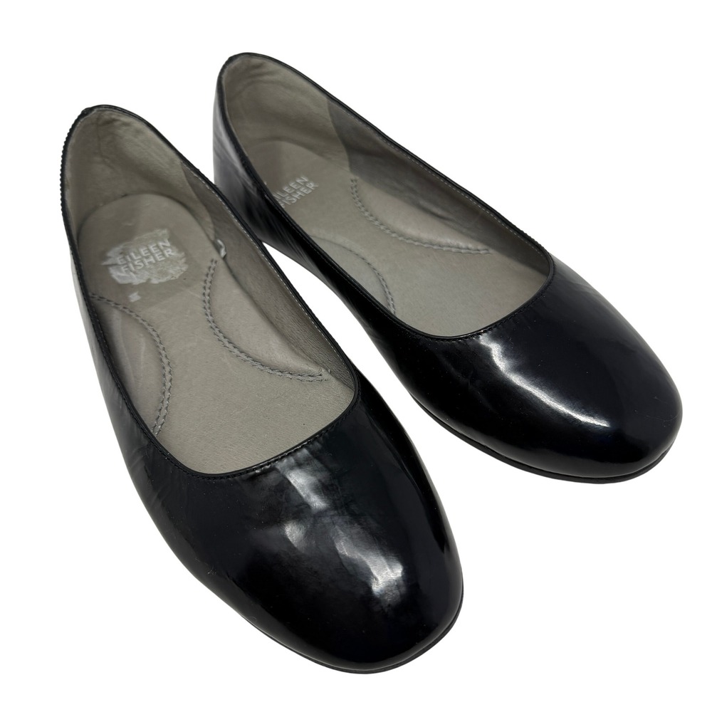 Eileen Fisher Patent Leather‎ Ballet Flats 6.5 Black Good Round Toe Slip On